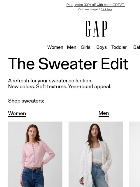 gap newsletter: SWEATERS. NEW FAVORITES.
