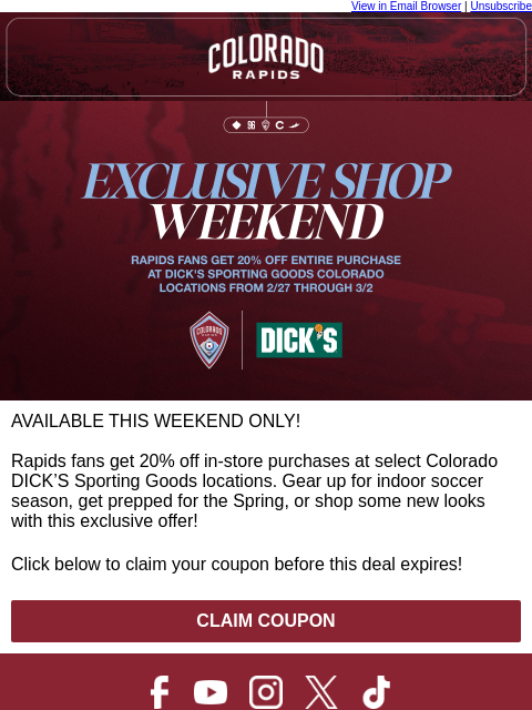 thecoloradorapids newsletter: 20% off at DICK’S Sporting Goods just for Rapids F...