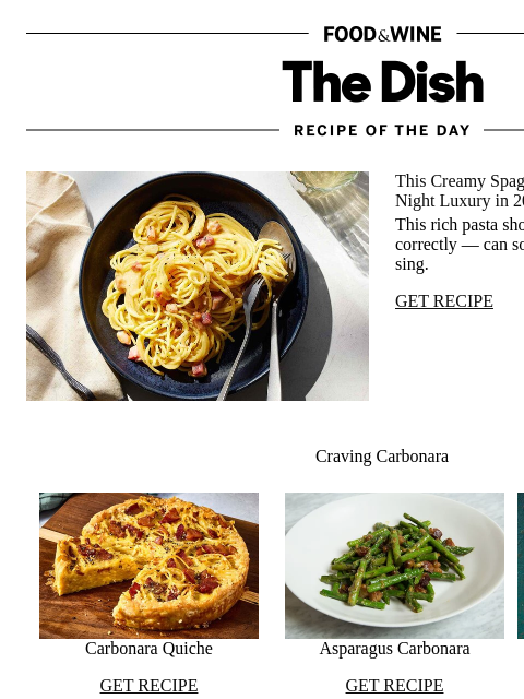 foodandwine newsletter: Creamy Spaghetti Carbonara