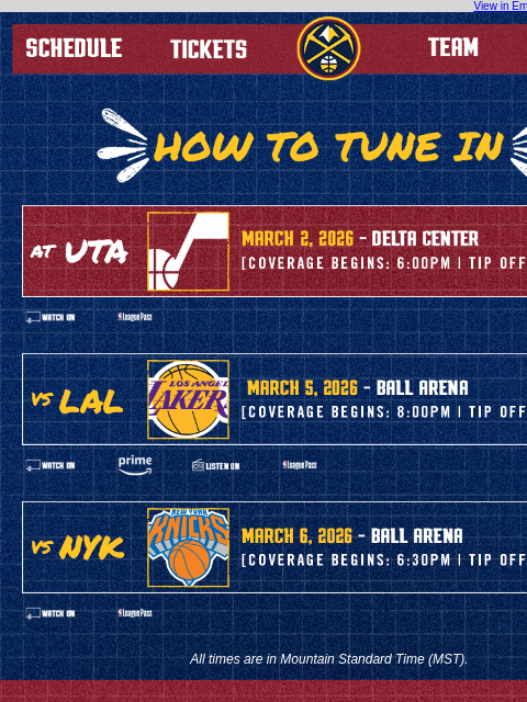 thedenvernuggets newsletter: Tune In as the Nuggets Take On the Jazz, Lakers, a...