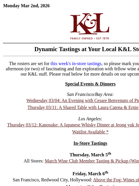 klwines newsletter: K&L Tastings: Tuscan Roots & Rebels, Ribera del Du...