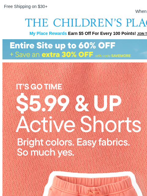 childrensplace newsletter: Play-Ready Active Shorts: $5.99 & Up! 🩳