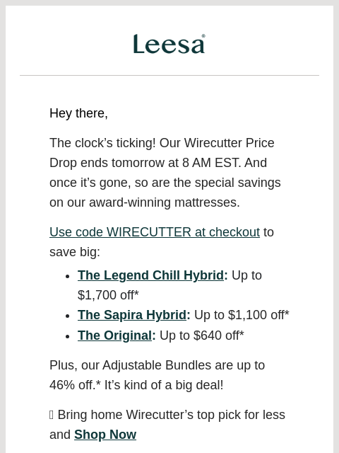 leesasleep newsletter: Code WIRECUTTER expires tomorrow