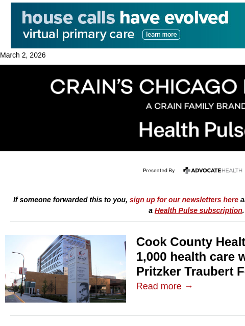 crainalerts newsletter: Pritzker Traubert Foundation invests $5M for CCH, ...