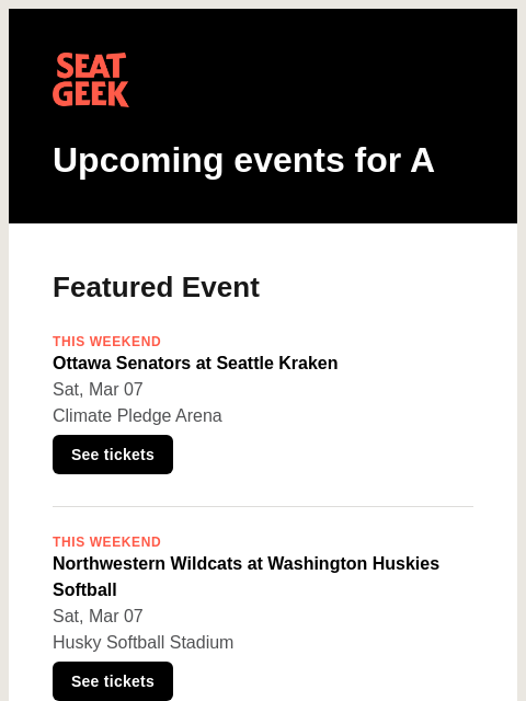 seatgeek newsletter: Ottawa Senators at Seattle Kraken/Northwestern Wil...