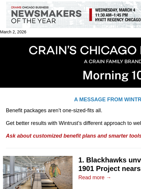 crainalerts newsletter: Blackhawks debut key piece of future campus