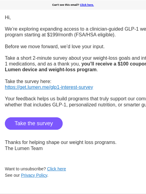 lumen newsletter: Quick question about GLP-1 + $100 for you