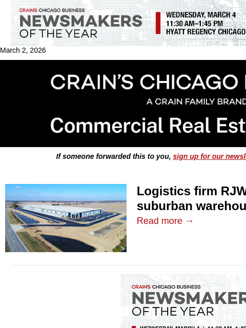 crainalerts newsletter: Logistics firm adds to spree of suburban warehouse...