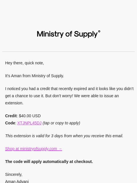 ministryofsupply newsletter: Your Credit Expired (Renewed)