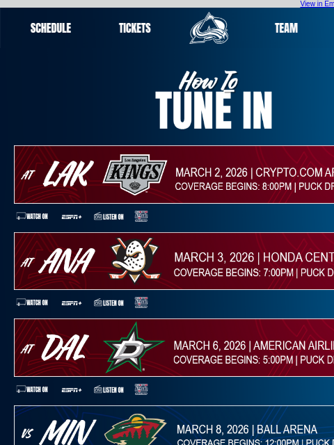 thecoloradoavalanche newsletter: Tune In as the Avalanche Take on the Kings, Ducks,...