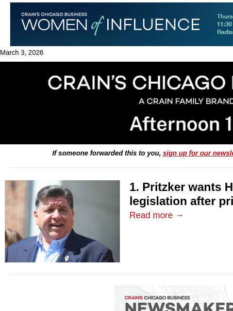 crainalerts newsletter: Pritzker seeks Bears bill vote after primary