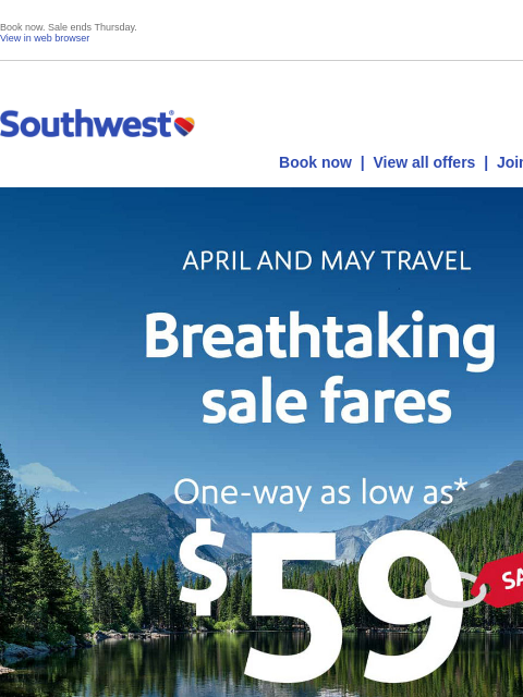 southwest newsletter: $59 sale! Go somewhere gorgeous.