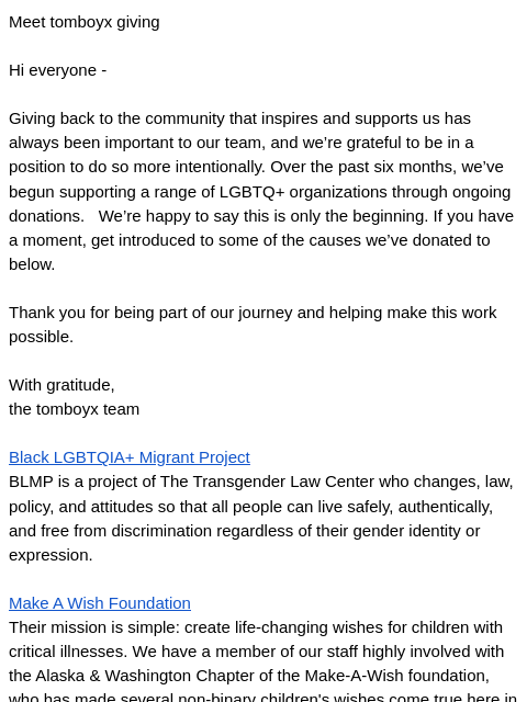 tomboyx newsletter: giving back to the community