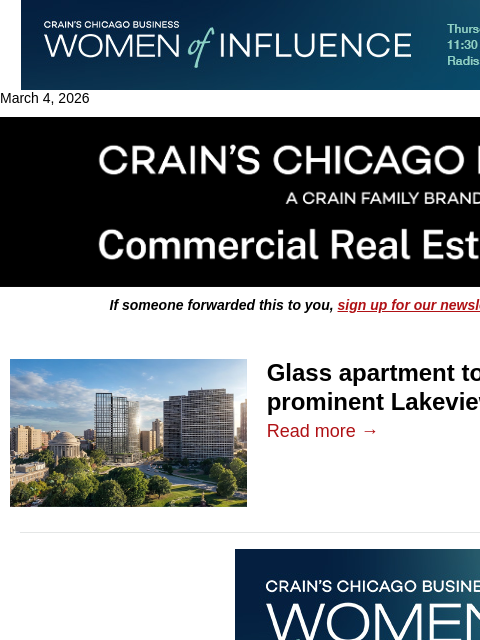 crainalerts newsletter: Glass apartment tower proposed for Lakeview