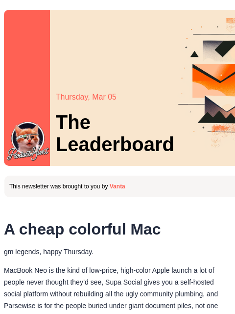 producthunt newsletter: 😸 Cheapest Macbook yet?