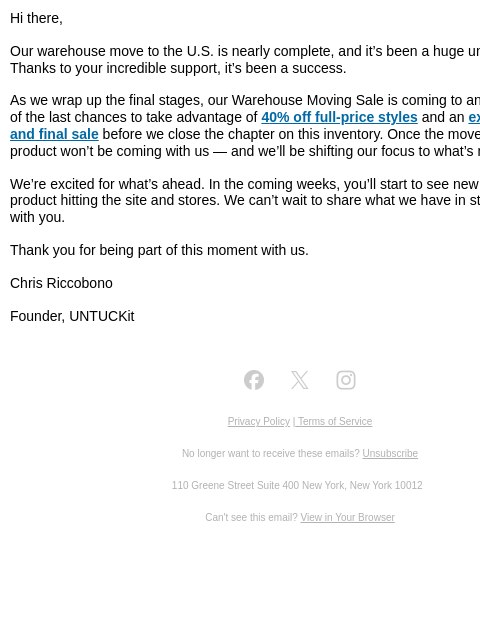 untuckit newsletter: The Move Is Almost Complete: 40% Off Almost Everyt...