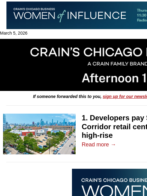 crainalerts newsletter: $20M buy fuels Clybourn Corridor tower plans