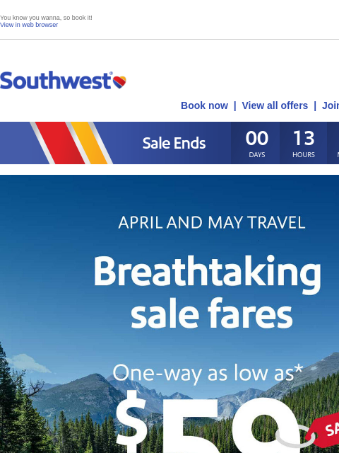 southwest newsletter: FINAL DAY: $59 spring travel sale.