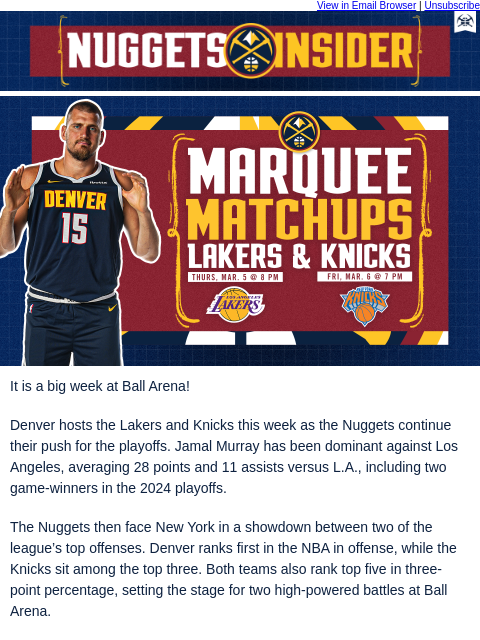 thedenvernuggets newsletter: The Nuggets Host Two Marquee Matchups