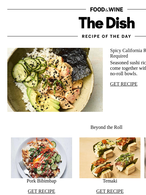 foodandwine newsletter: Spicy California Roll Bowls