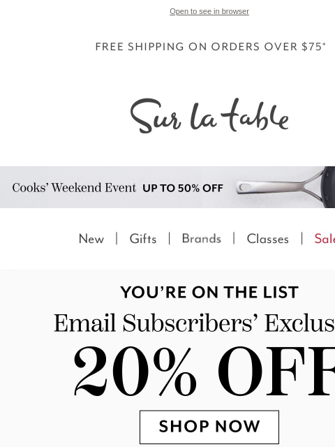 surlatable newsletter: Freshly baked: 20% off your order.*