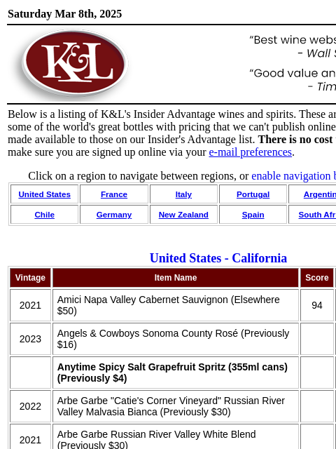 Exclusive discounts and special pricing... Saturday Mar 8th, 2025 View in Browser KL-emailheader.gif Below is a listing of K&L's Insider Advantage wines and spirits. These are opportunities on