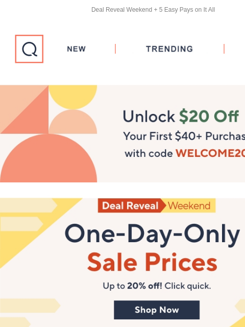 Deal Reveal Weekend + 5 Easy Pays on It All QVC New TRENDING DEALS Unlock $20 off Your First Purchase Deals 5 Easy pays HEader TEch Free Shipping Fashion MakeUp Sale Gold & Silver Desseets Baby