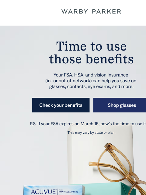 warbyparker newsletter: Check your benefits and save!