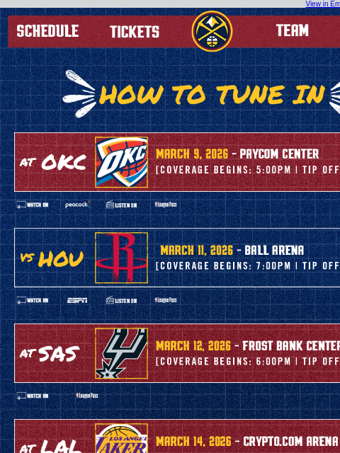 thedenvernuggets newsletter: Tune In as the Nuggets Take On the Thunder, Rocket...