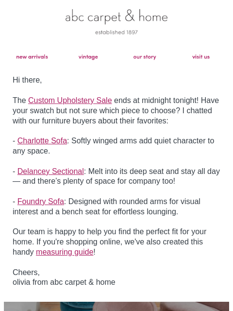 abchome newsletter: Ends at Midnight: Custom Upholstery Sale