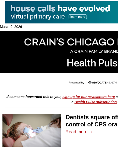crainalerts newsletter: Dentists push for state control of CPS program