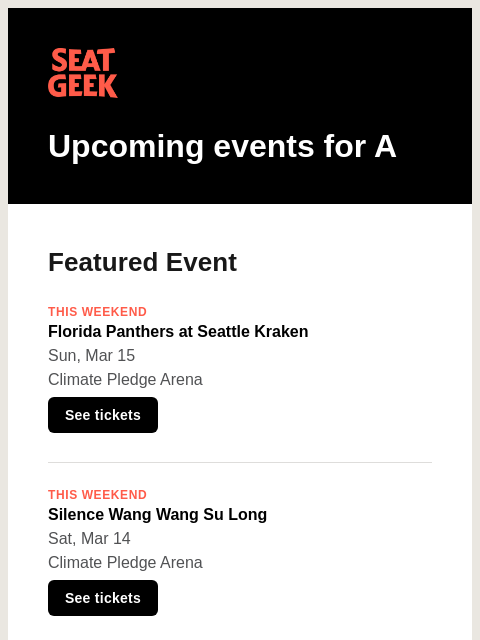 seatgeek newsletter: Florida Panthers at Seattle Kraken/Silence Wang Wa...