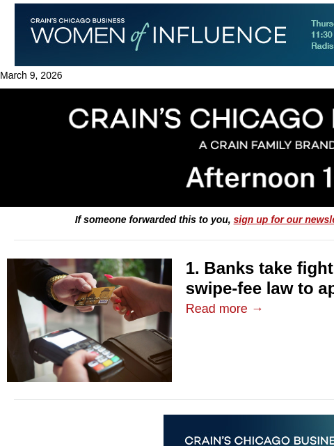 crainalerts newsletter: Banks escalate fight over swipe-fee law