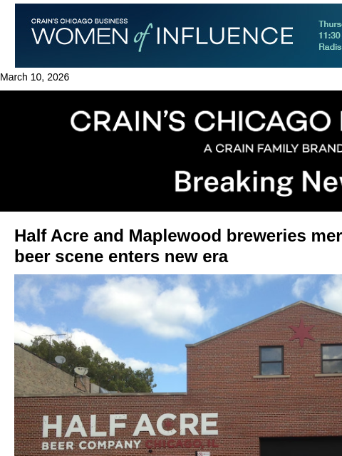 crainalerts newsletter: Half Acre, Maplewood to merge