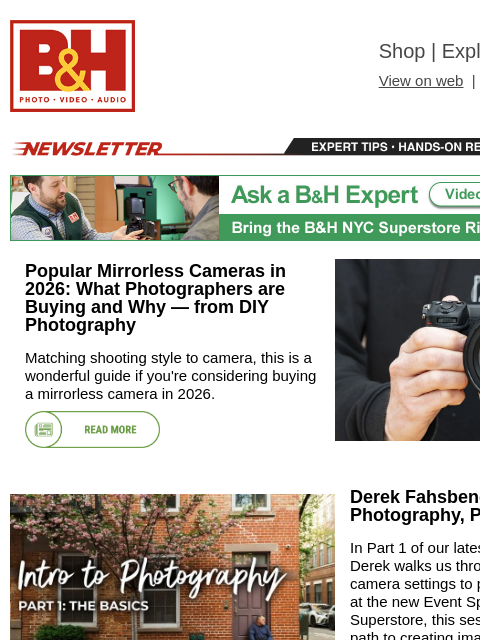 bhphotovideo newsletter: Mirrorless Camera Guide for 2026, Intro to Photogr...