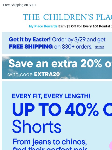 childrensplace newsletter: Get Set for Shorts Season! Up to 40% OFF 🩳