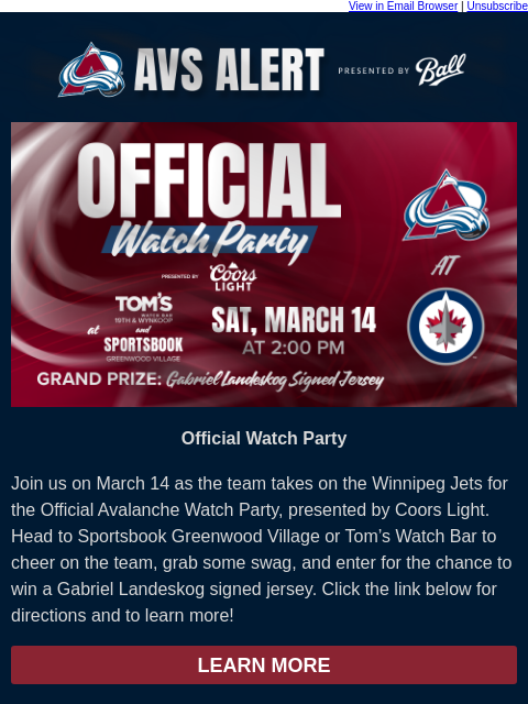 thecoloradoavalanche newsletter: 🏔️ Catch Avs vs Jets at the Official Watch Party