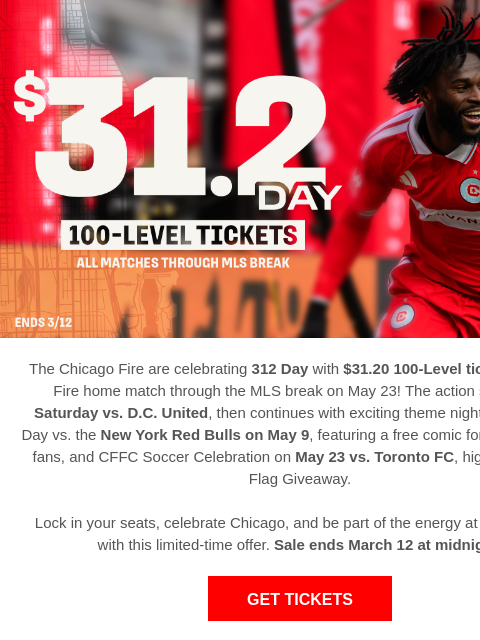chicagofirefc newsletter: 🔥 312 Day Flash Sale: $31.20 Tickets to Fire Matc...