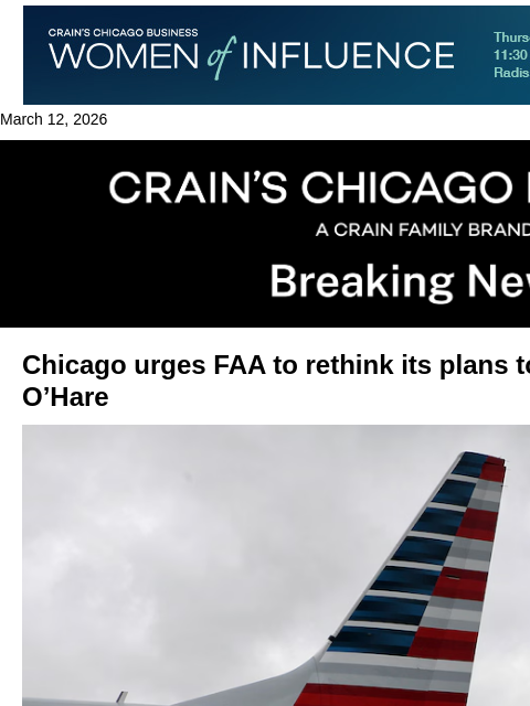 crainalerts newsletter: City urges FAA to rethink O'Hare flight caps