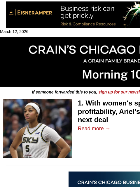 crainalerts newsletter: Ariel fund eyes WNBA as next investment