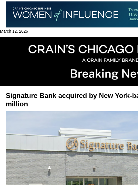 crainalerts newsletter: Signature Bank acquired for $348.4 million
