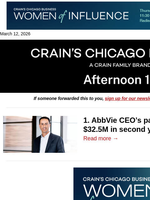 crainalerts newsletter: AbbVie CEO gets 75% pay hike