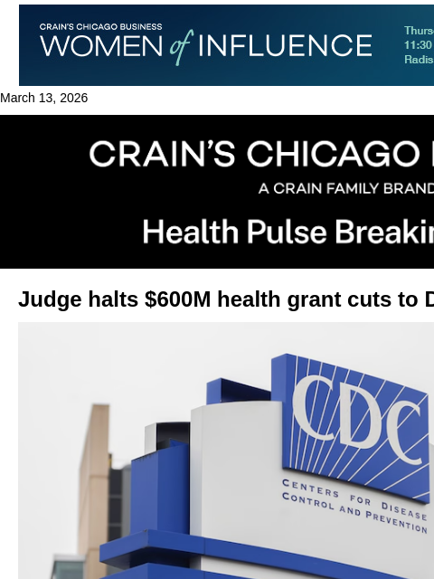 crainalerts newsletter: Judge blocks $600M in health grant cuts