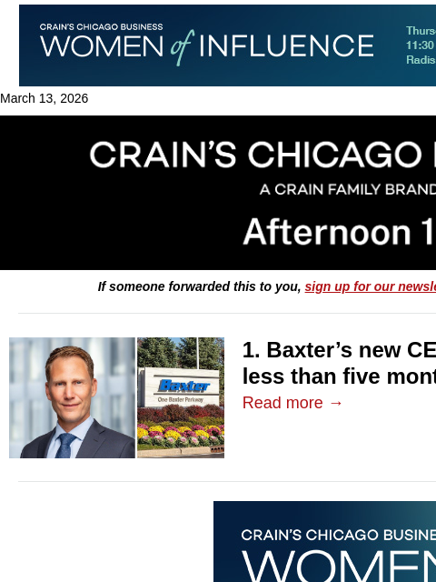 crainalerts newsletter: Baxter's new CEO gets hefty pay package