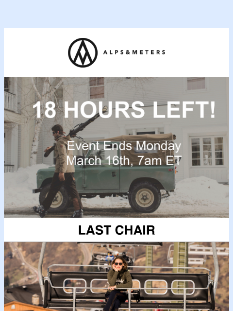 alpsandmeters newsletter: Last Chair Outlet Event