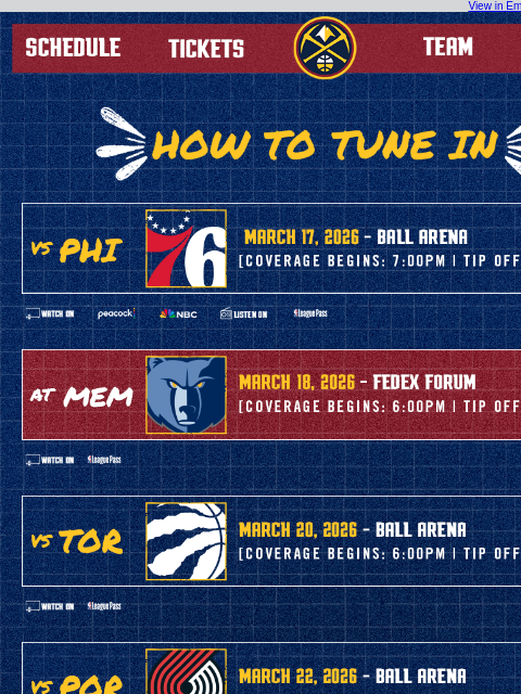 thedenvernuggets newsletter: Tune In as the Nuggets Take On the 76ers, Grizzlie...