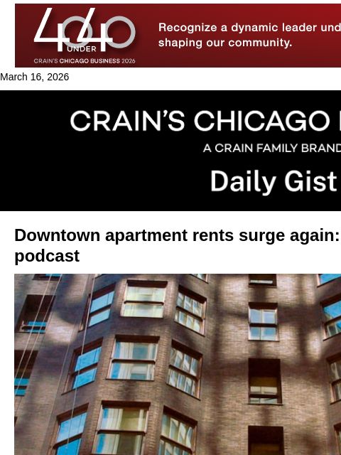 crainalerts newsletter: Downtown apartment rents surge again: Crain’s Dail...