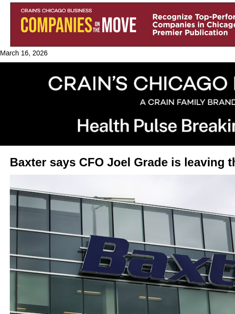crainalerts newsletter: Baxter CFO departs
