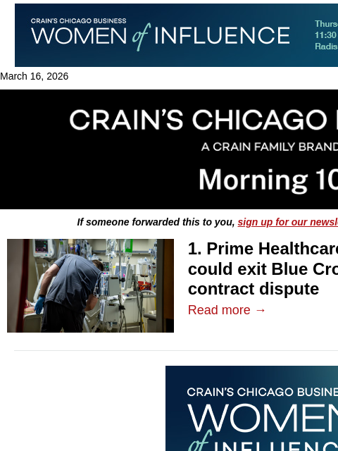 crainalerts newsletter: Prime hospitals may leave Blue Cross network