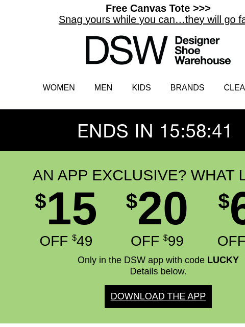 dsw newsletter: Only in the app: $15 OFF!
